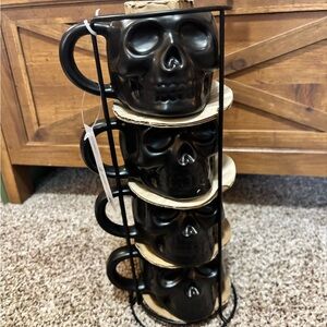 Brand new in box ceramic Black Skull Mug Set with Stand